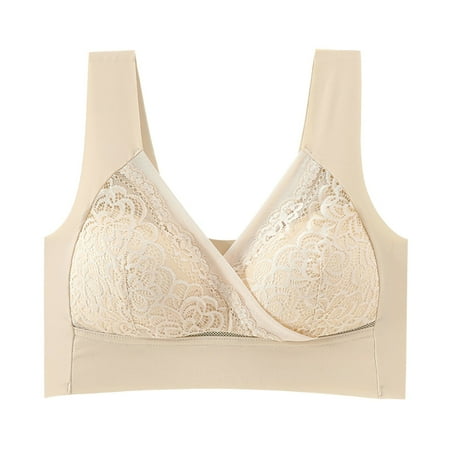 JAKANYQ Female Bra Traceless Underwear Thin Cup Wireless Gathering Tank Top Lace Edge Large Sleep Bra Comfy Breathable