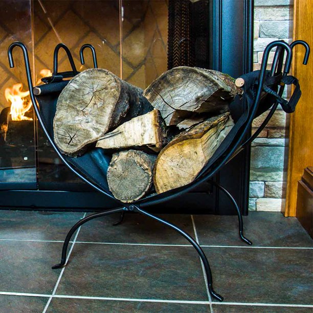 Wrought Iron Log Rack with Canvas Log Carrier Black