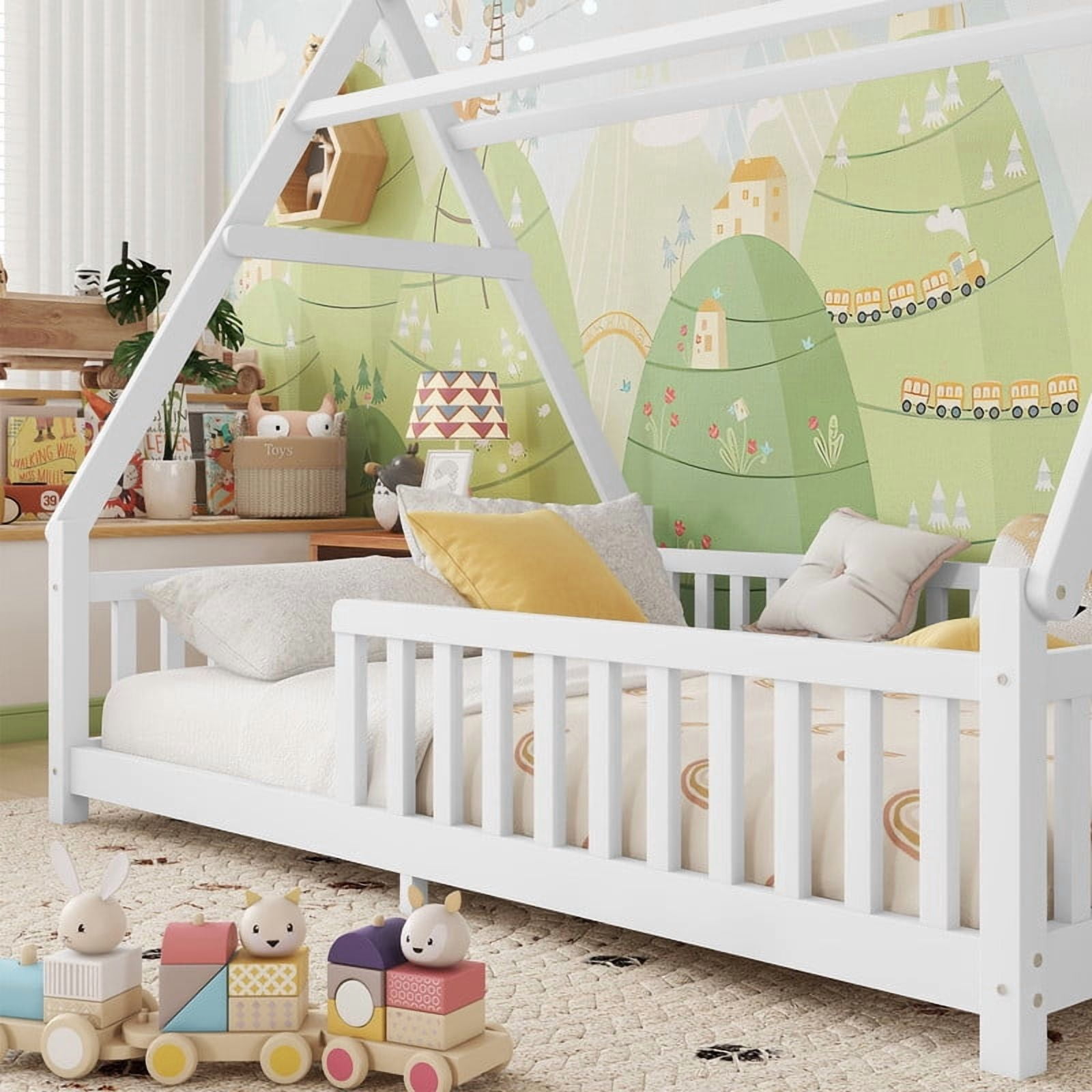 Mirightone Full Size Tent Beds with Hanging Rack, Teepee Floor Bed, Detachable Floor Bed with Slats and Fence Rails, Wood House Bedframe for Boys Girls, White