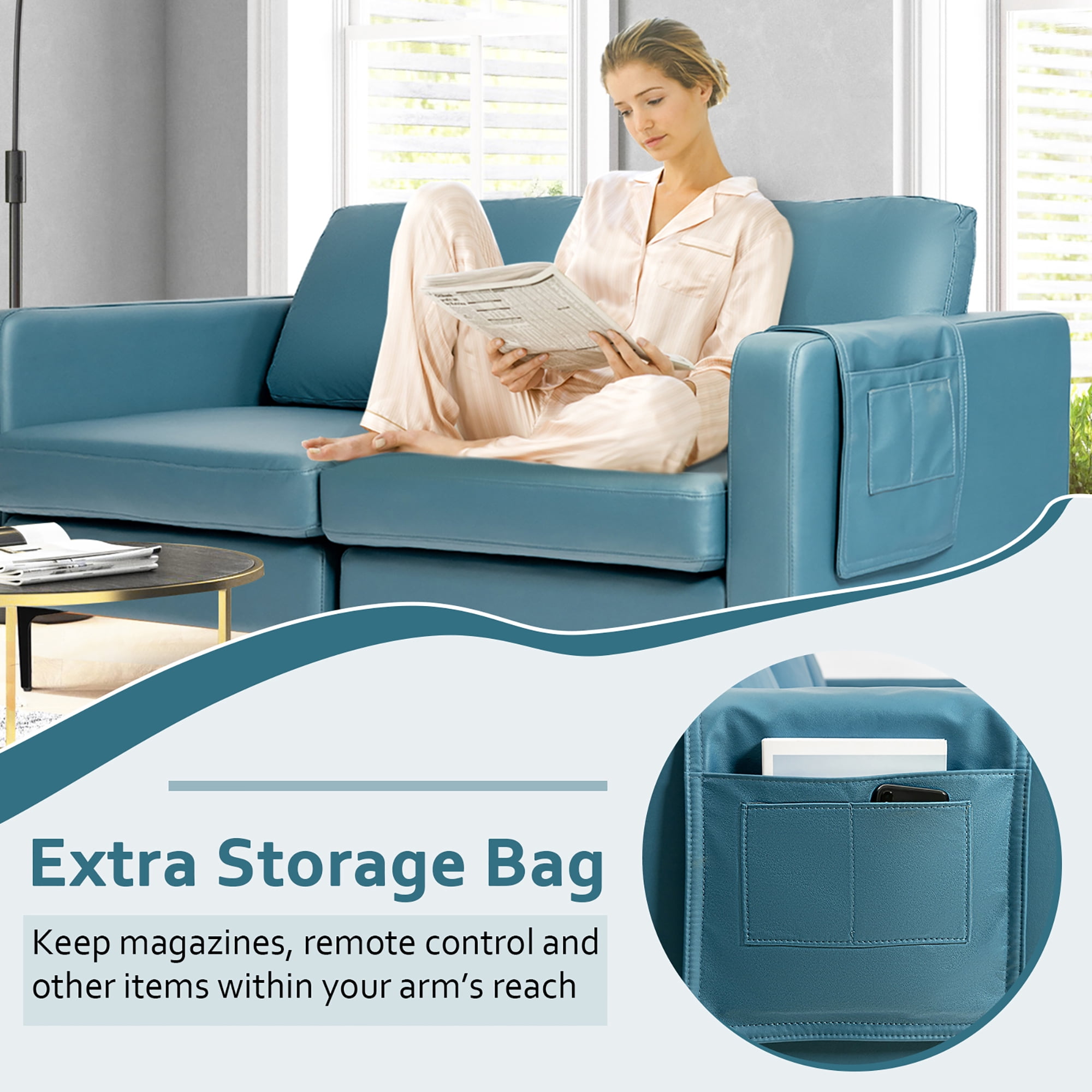 Costway Modern Loveseat Leathaire Fabric 2-Seat Sofa Couch w/ Side Storage Pocket Blue