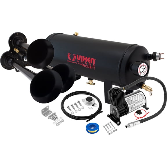 Vixen Horns Train Horn Kit for Trucks/Car/Semi. Complete Onboard System- 150psi Air Compressor, 1.5 Gallon Tank, 3 Trumpets. Super Loud dB. Fits Vehicles like Pickup/Jeep/RV/SUV 12v VXO8715B/3114B