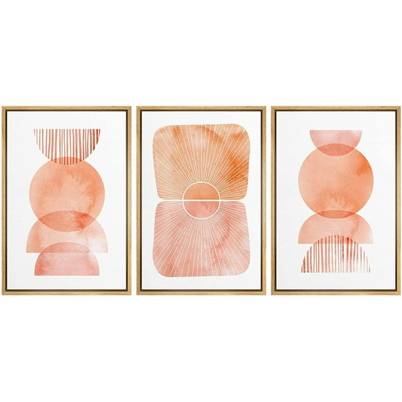wall26 Framed Wall Art Print Set Boho Orange Watercolor Polygon Variety Abstract Shapes Illustrations Modern Art Bohemian Colorful Warm for Living Room, Bedroom, Office - 24"x36"x3 Natural
