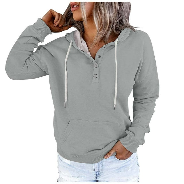 WEAIXIMIUNG Chandails en Molleton Graphiques pour Femmes Grande Taille Automne et Hiver Style de Rue à la Mode Couleur Unie Col à Boutons Poche Cordon de Serrage Chandail à Capuchon de Sport Décontracté