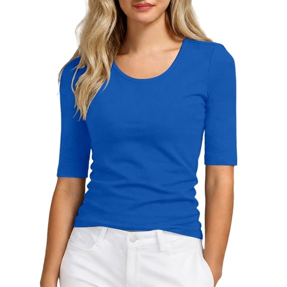 WMNTST Women's T-Shirts Crew Low Neck Elbow-Length Sleeve Solid Color Slim Fit Basic Elegant Tee Shirts For Summer