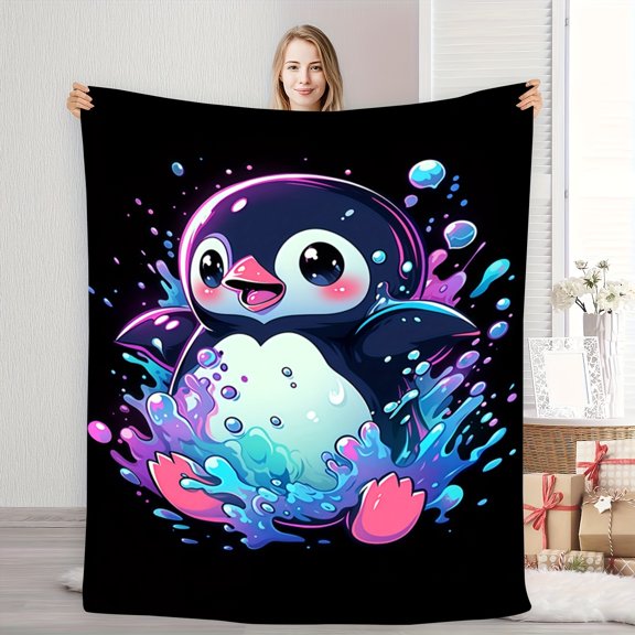 1pc Playful Penguin Cartoon Flannel Blanket - Soft Warm All-Season Throw with Vibrant Colorful Print on Black, Machine Washable for Home Decor, Camping, Travel