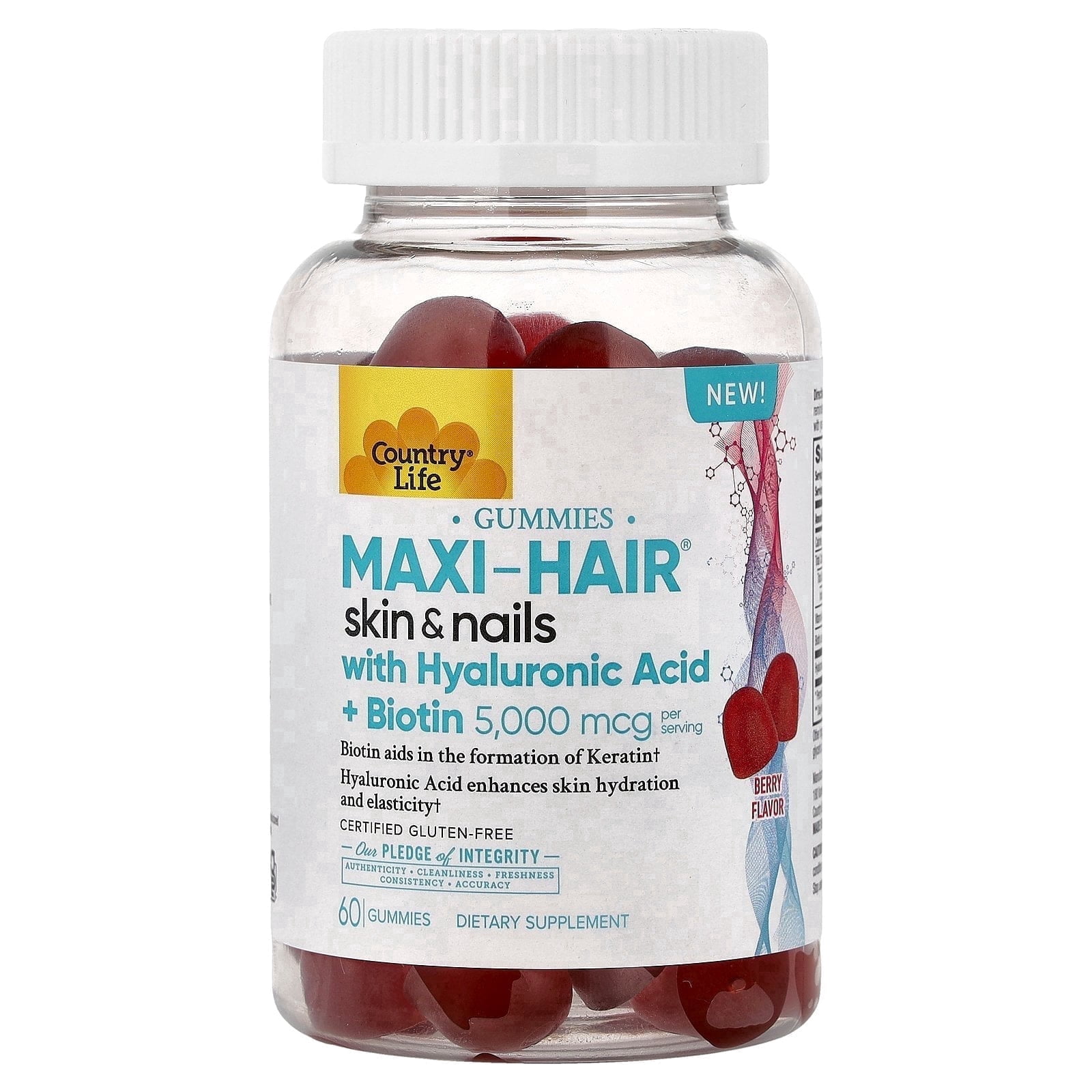 Country Life Maxi-Hair Skin & Nails Gummies with Hyaluronic Acid & Biotin 5,000 mcg – Supports Hair Growth, Skin Hydration & Nail Strength – Vegan, Gluten Free – 60 Gummies