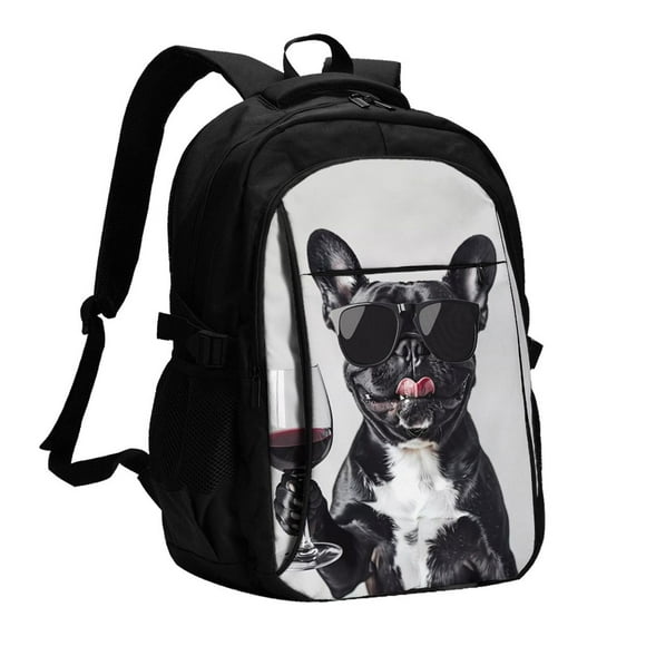 Kdxio Cool French Bulldog Wine Print USB Backpack with Charging Port Laptop Bag Large Capacity Travel Work School Bag
