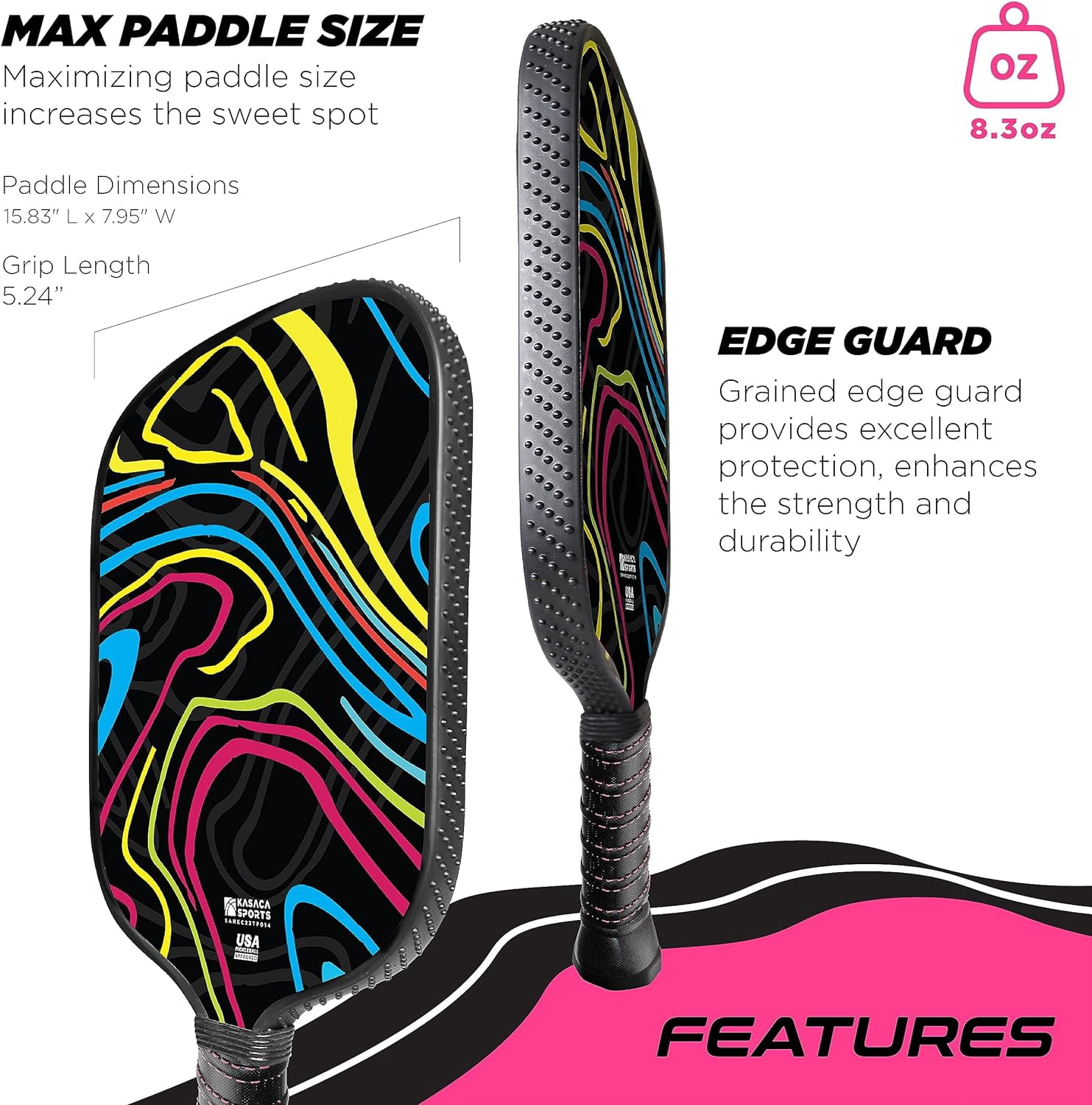 Kasaca Graphite T700 Carbon Fiber Pickleball Paddles, Grained Edge Guard, Honeycomb Core, Large Sweet Spot, Cushion Comfort Grip, USAPA Approved, Cute Paddle for Beginners Players, Women, Men