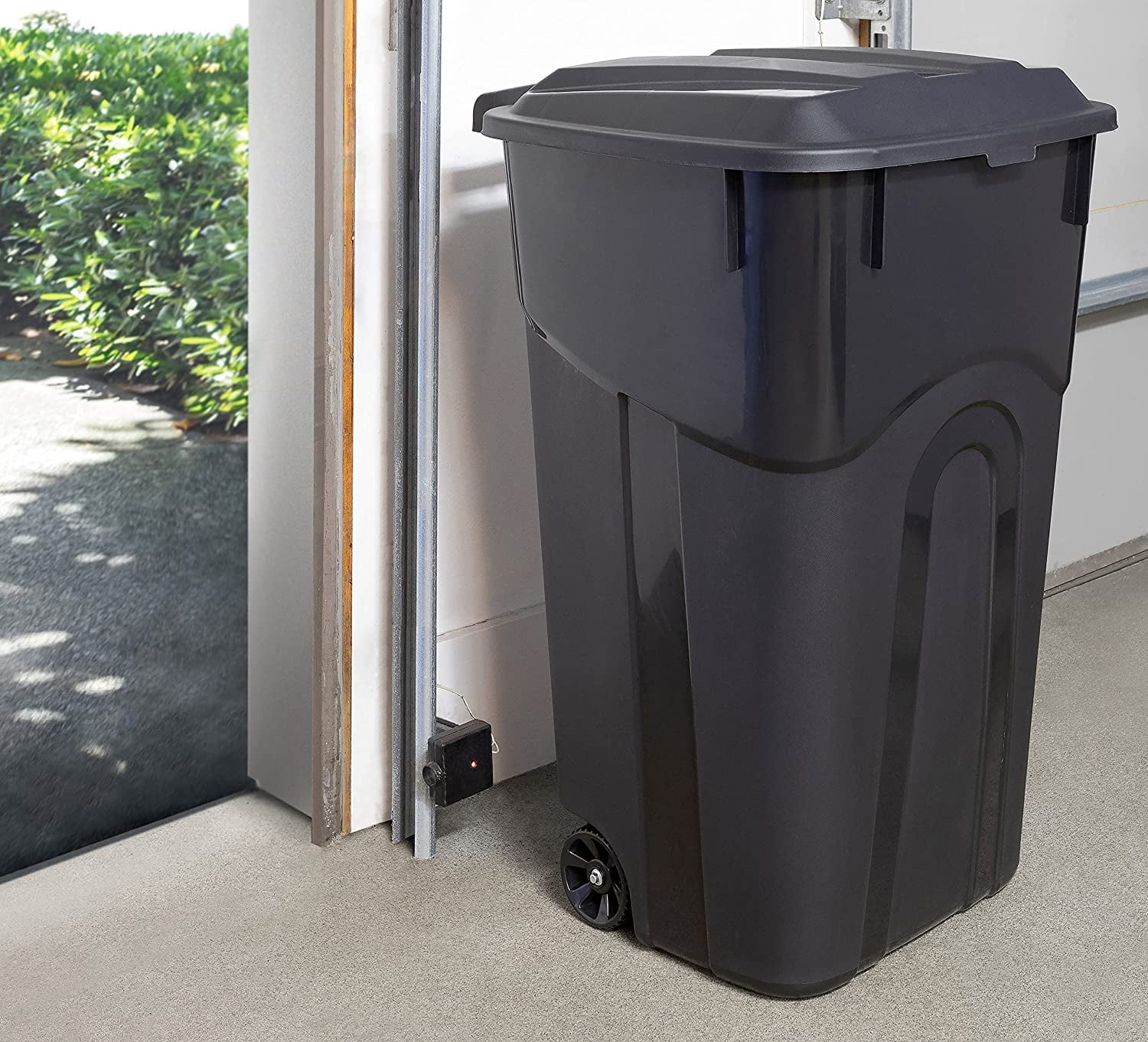 32 Gallon Wheeled Outdoor Garbage Can with Attached Snap Lock Lid and Heavy-Duty Handles, Black, Heavy-Duty Construction, Perfect Backyard, Deck, or Garage Trash Can, 2 Pack