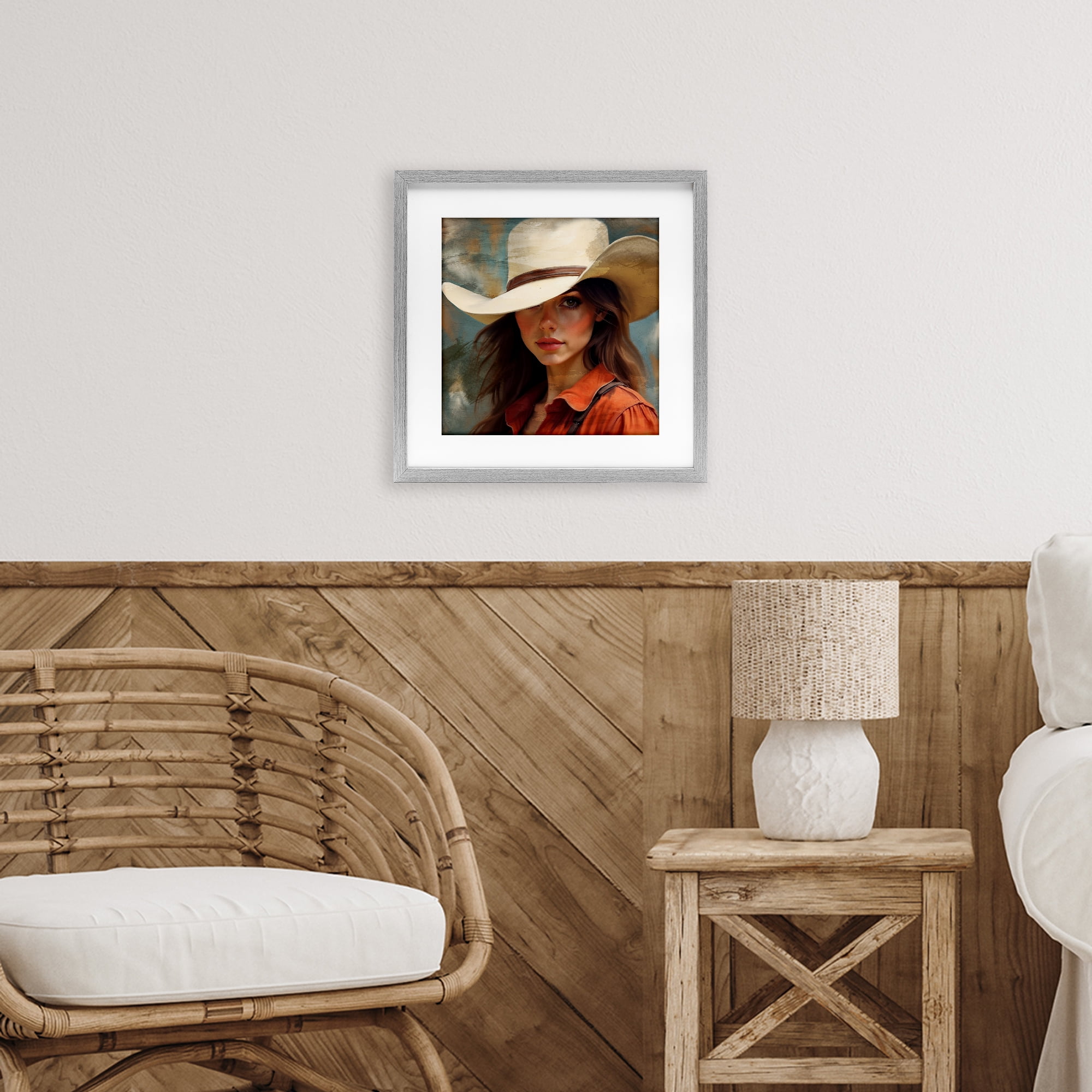 Cowgirl Gaze Beneath Hat Gray Framed Print Under Glass, design by Kim Allen