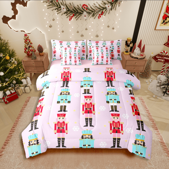 Castle Fairy Christmas Nutcracker 7-Piece Twin Bedding Sets for Teens,Winter Snowflake Bedding Comforter Set,Festival Xmas Breathable Sheet Sets,Breathable Home Decor
