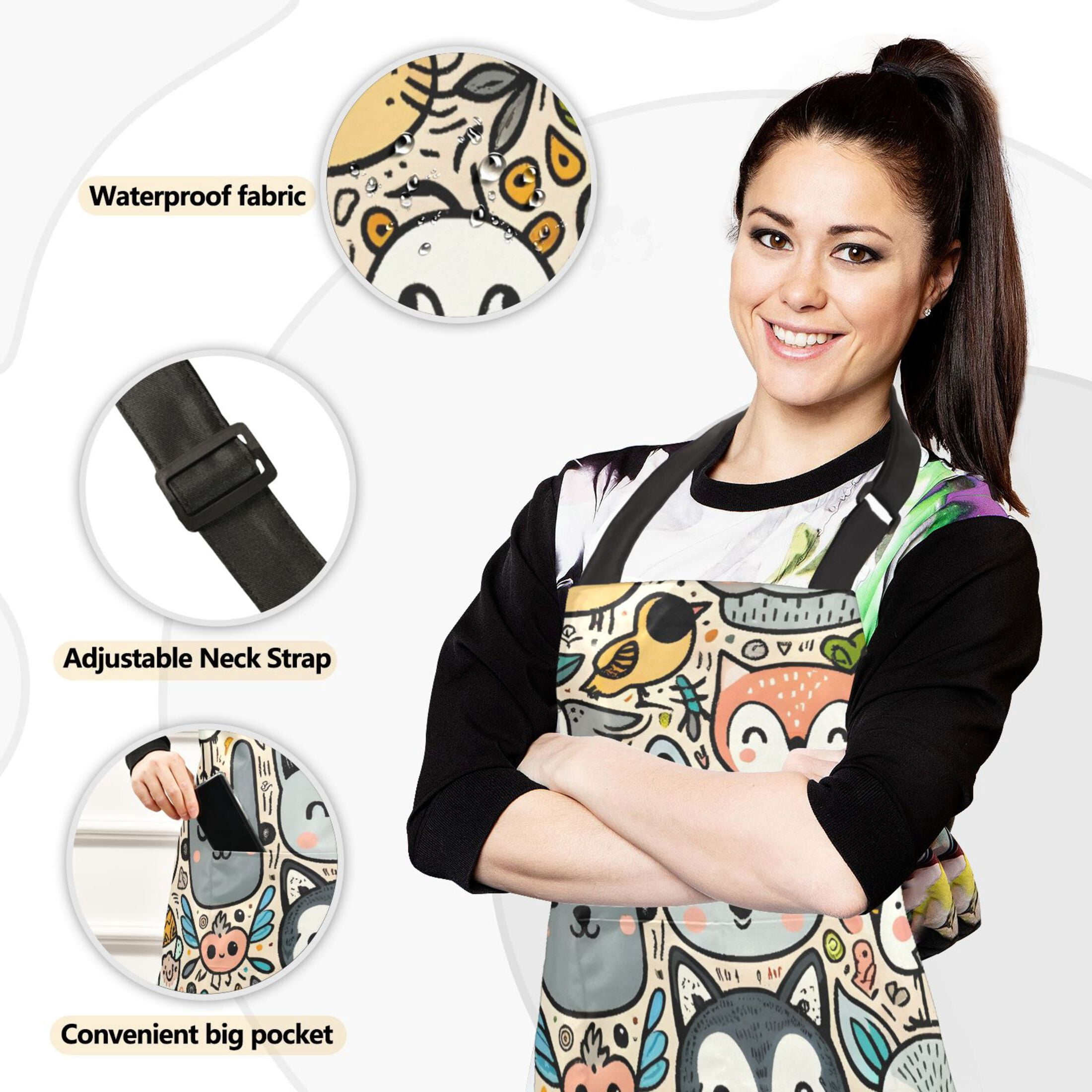 Cute Animal Faces 5 Pcs Kitchen Set Heat Resistant Oven Mitts and Non-Slip Pot Holders with Adjustable Cooking Apron