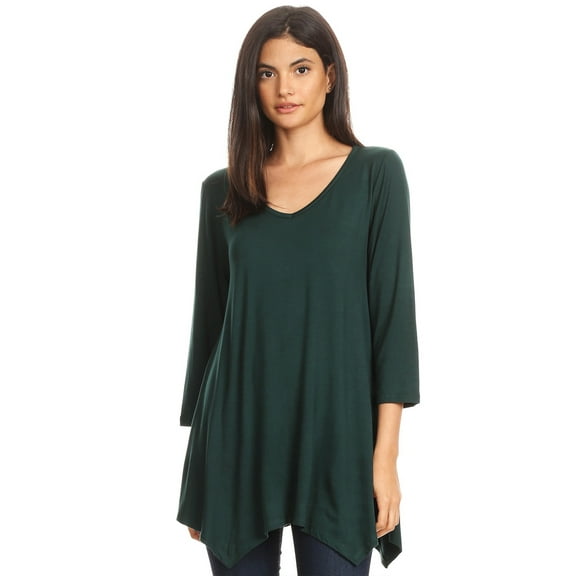 Women's Solid Casual Basic V-Neck 3/4 Sleeve Swing Tunic Dress Tops