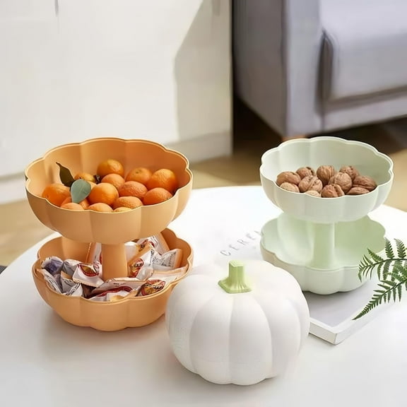 Pumpkin Serving Bowl, Two-Tiered Fruit and Snack Tray for Thanksgiving, Halloween Party Decor and Dining Table Centerpiece