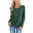 thumbnail image 1 of Top de manga larga para mujer, dobladillo torcido, escote recortado, informal, suelto, color sólido, manga larga, jersey, camiseta, top verde M, 1 of 6