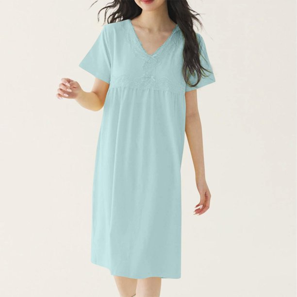 Camisón largo de mujer de color liso con encaje, manga corta, cuello en V, informal y moderno, de poliéster.