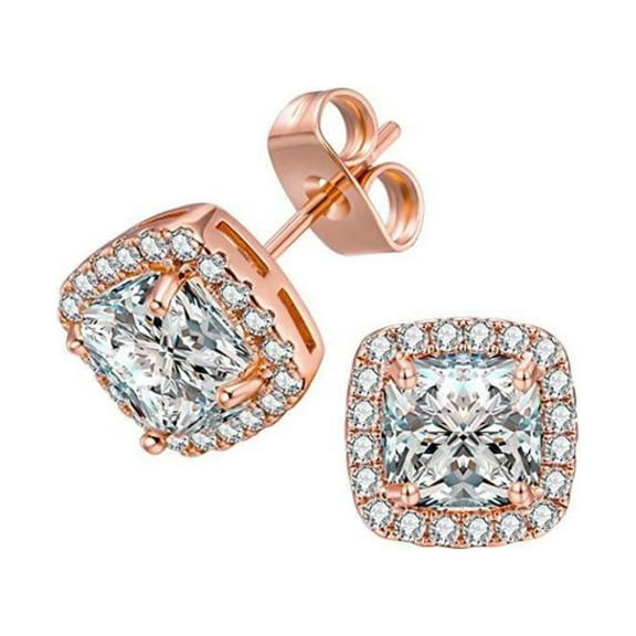 18k Rose Gold 2 Ct Princess Cut Plated White Sapphire Stud Earrings by Paris Jewelry