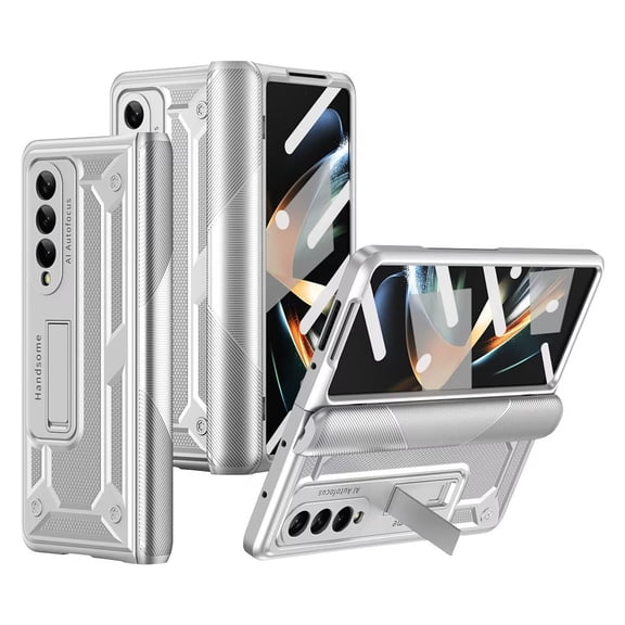 MonsDirect for 7.6 inch Samsung Galaxy Z Fold 4 5G 2022 Case, Hard PC Case with Hidden Stand, Anti-Drop Free Folding Hinge Cover with Screen Protector & Lens Protection for Galaxy Z Fold 4, Silver
