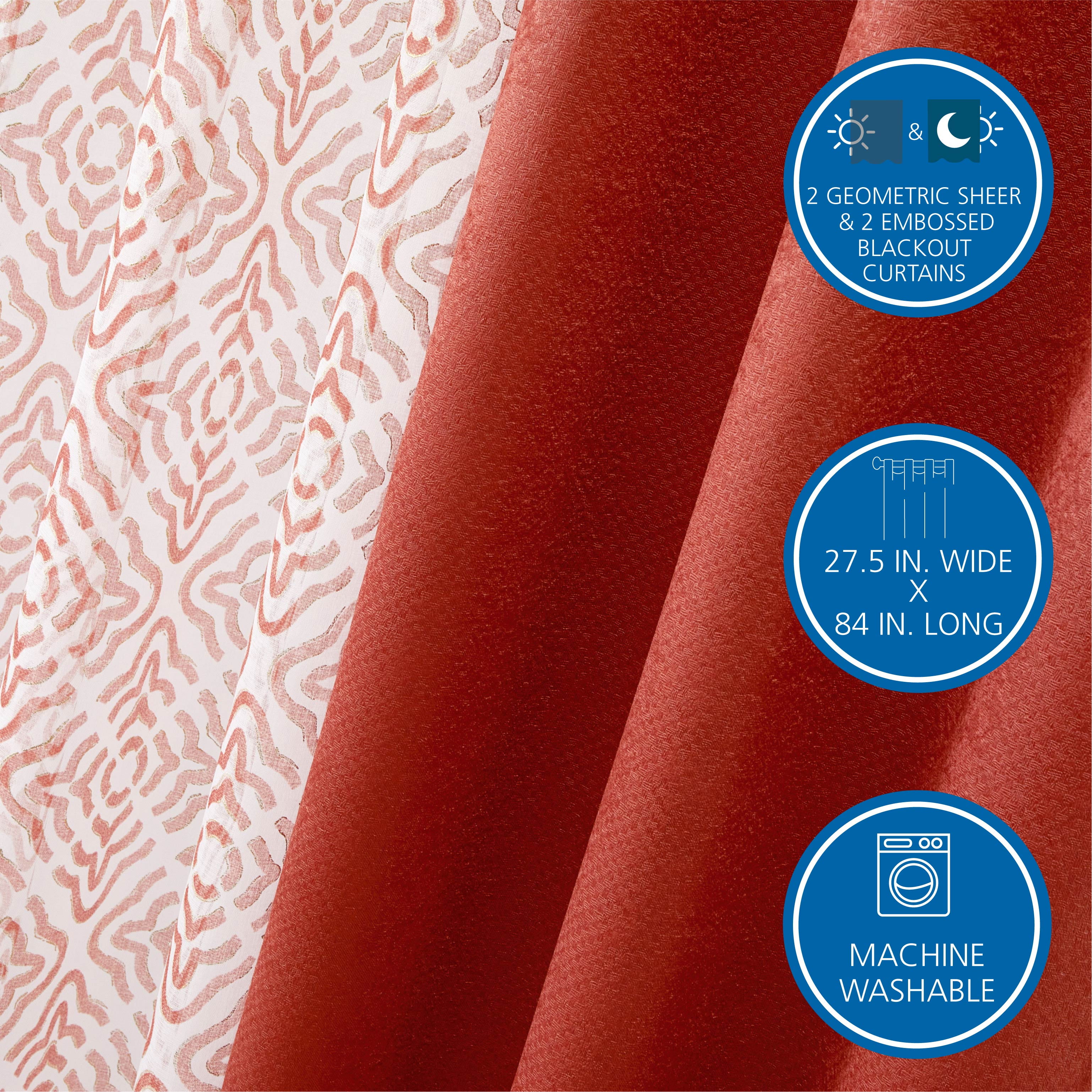 Mainstays Metallic Blackout Curtains and Sheers Set, 4 Panels, Red Canyon, 27.5" W x 84” L