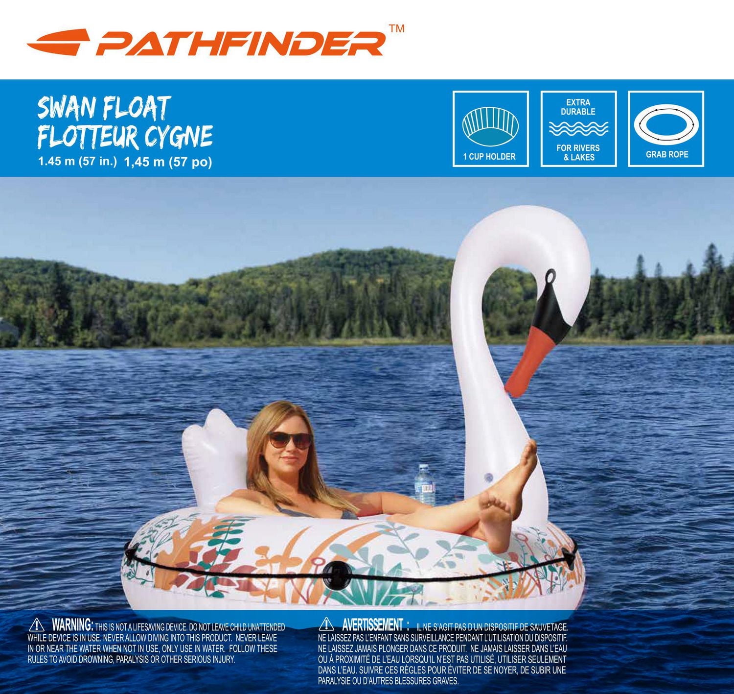 Tube gonflable en forme de cygne 57 po, 1 personne unisexe avec élégant design de vigne et un porte-gobelet, Pathfinder