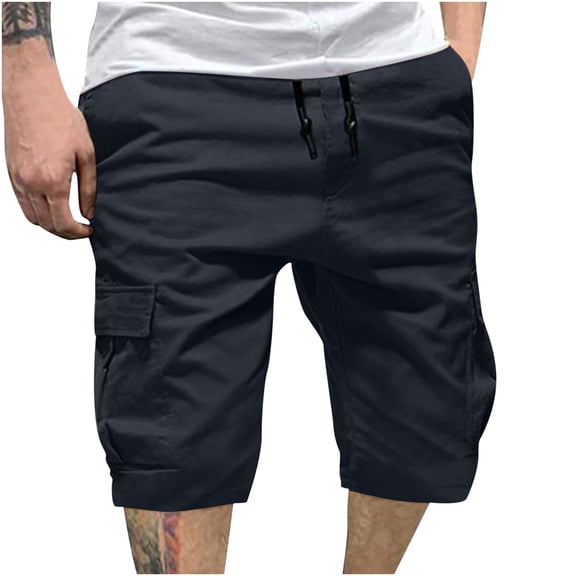 DeHolifer Men Cargo Shorts with Drawstring Durable 6 Pocket Outdoor Work Shorts Cotton Hiking Half Pants Navy XL