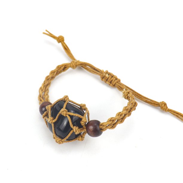Xiao Hua Pulsera de cuentas hecha a mano, ideal para hombres y mujeres, tejida a mano con piedra natural marrón, con bolsa de malla ajustable y elástica (negro).