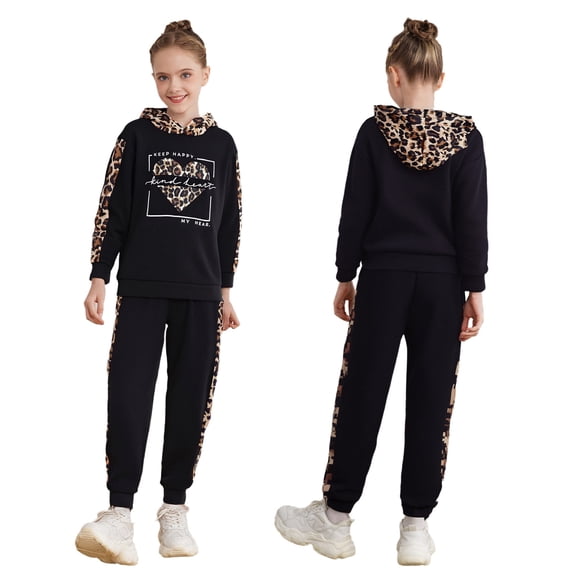 Haitryli Girls 2pcs Casual Set Leopard Print Tracksuit Long Sleeve Hoodie with Elastic Waistband Sweatpants Black 6-7