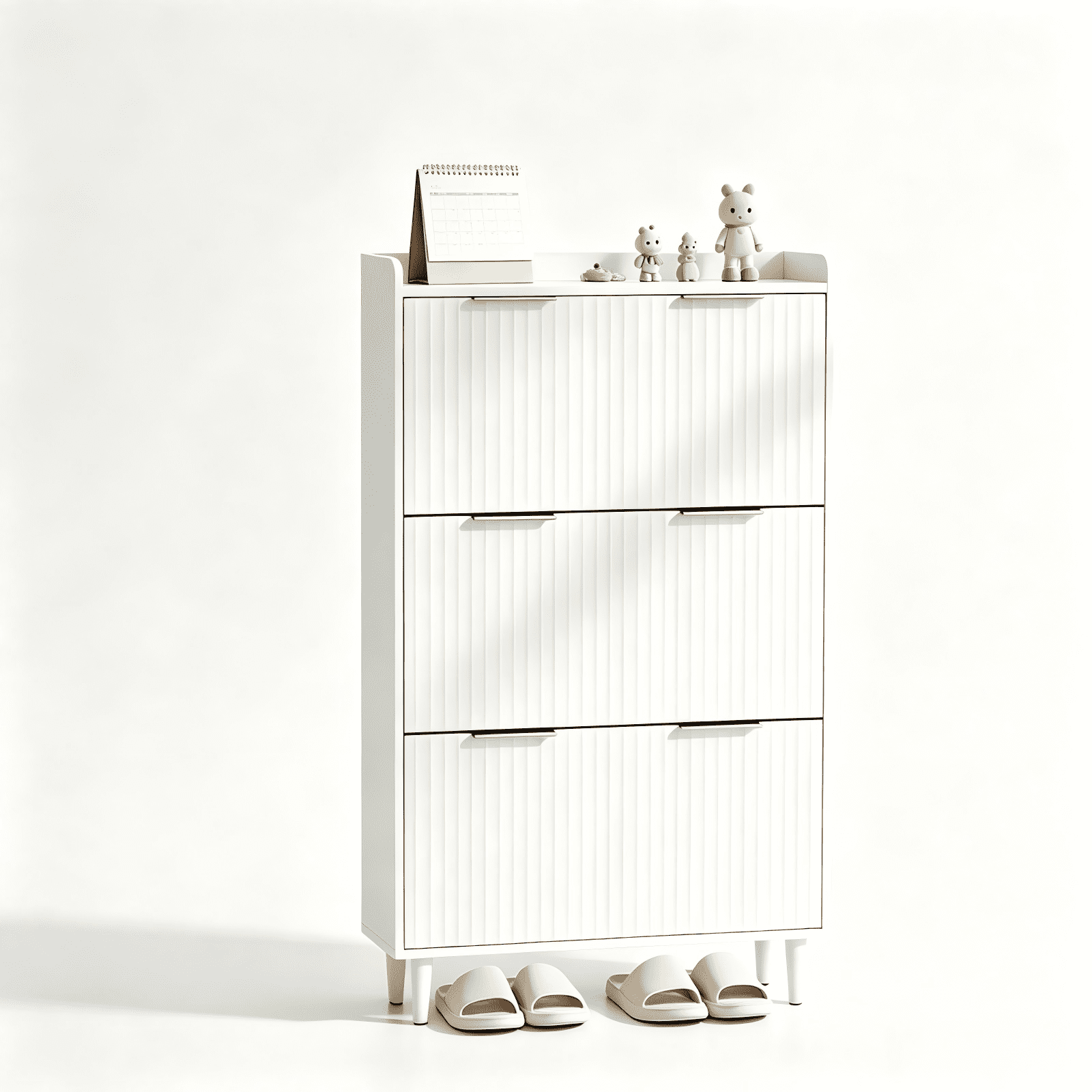 3-Drawer Shoe Cabinet with Top Grille Panel MDF Door Panels with Thermoforming + Champagne Gold Door Seams and Handles + Conical White Legs for the Shoe Cabinet, 31.61*9.45*52.95in, White