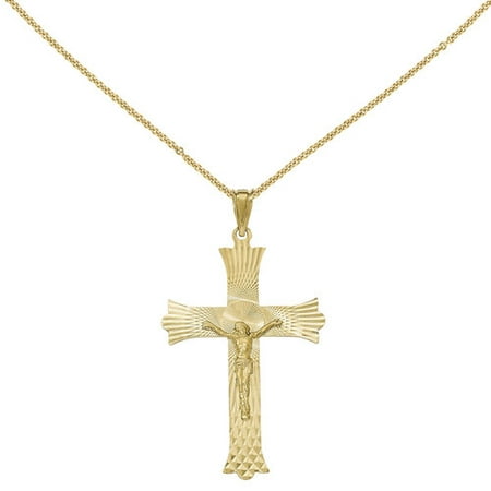 14kt Yellow Gold Polished, Satin and Diamond-Cut Crucifix Cross Pendant