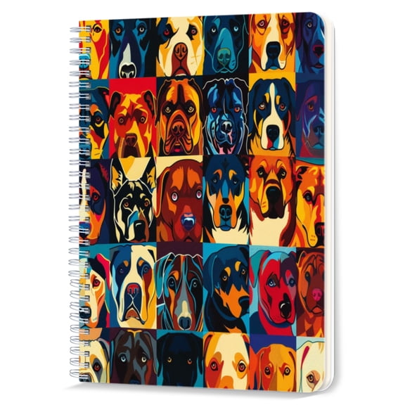 Spiral Notebook,Double-Wire Spiral College Lined Journal Notebook for Study and Notes,100 Pages,5.71x 8.26 in - Mosaic of Dog Faces in Bold Color Blocks