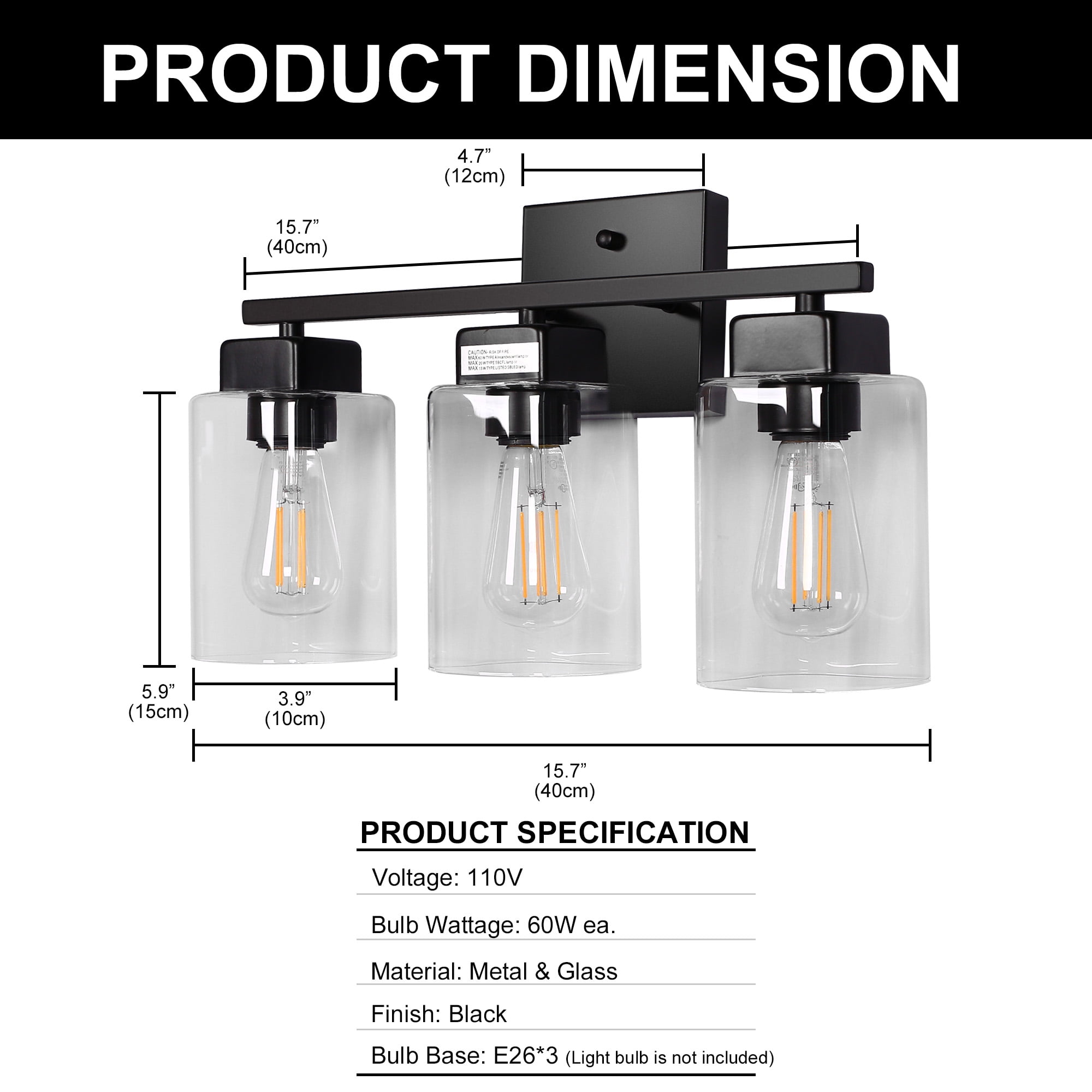Black Bathroom Light fixtures,UL Certified 3 Lights Farmhouse Light fixtures for Bathroom Above Mirror,Matte Black Vanity Light,Modern Wall Light Fixtures, Vanity Lighting Fixtures