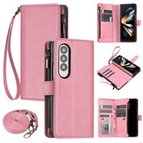 Wallet Case Compatible with Samsung Galaxy Z Fold 3 5G, Luxury ID Cash Credit Card Slots Zipper Holder Carrying Pouch Folio Flip PU Leather Cover [Detachable Crossbody Strap & Wrist Strap], Pink