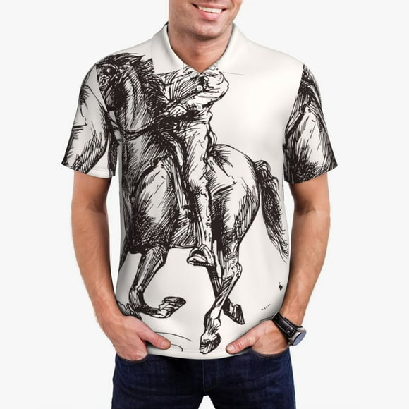 Saiise Polo de Golf pour Hommes à Imprimé Cowboy Chevauchant un Cheval, Évacuation de l'Humidité, Séchage Rapide, Polo de Performance à Imprimé pour Hommes-Moyen