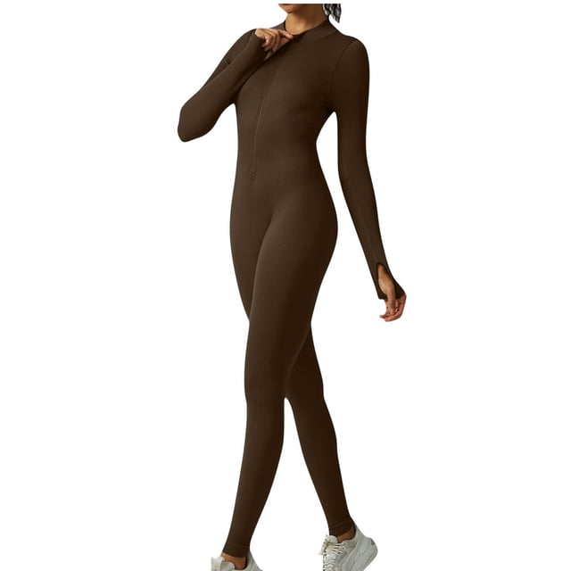 Bowake Women's Ribbed Long Sleeve Zip Front Jumpsuit, Brown