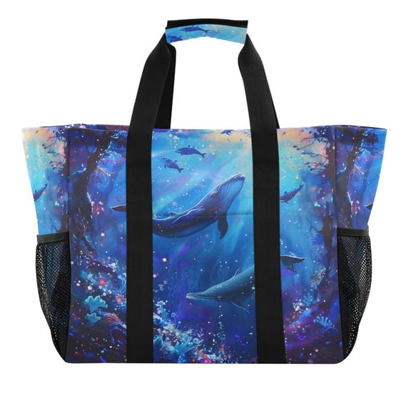 Whale in Sea Reusable Grocery Bags with Handle Side Pocket Waterproof Shopping Portable Tote