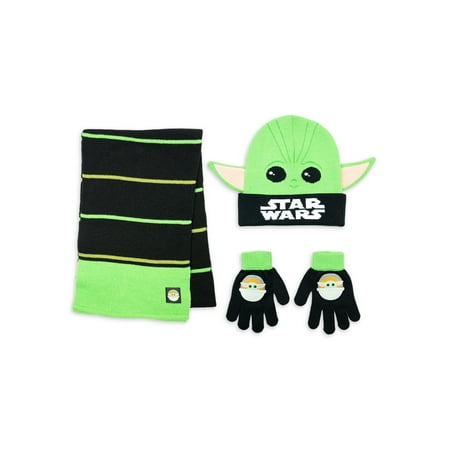 Baby Yoda Brand Boys Child 3-Piece Cold Weather Beanie Style Hat & Glove Set