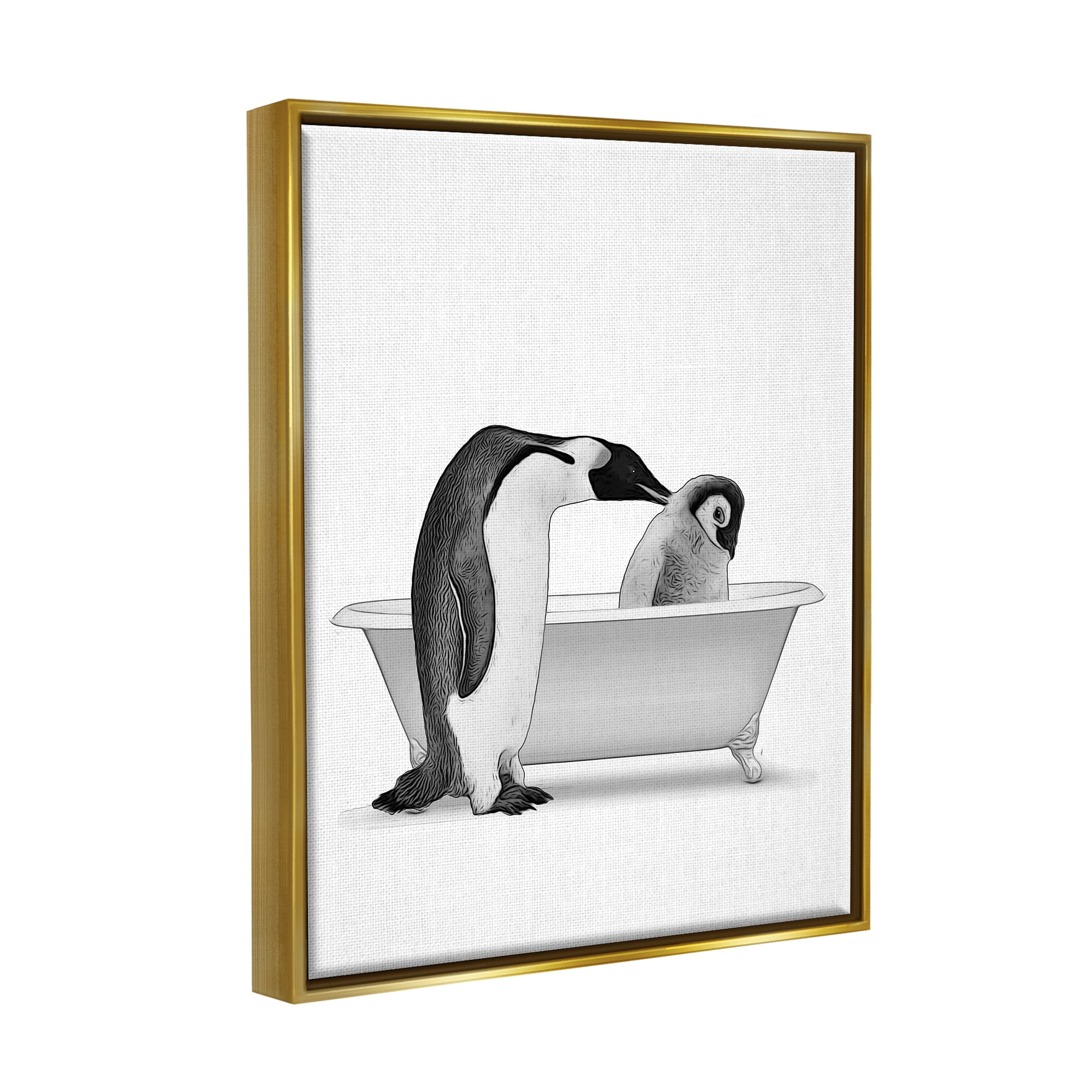 Stupell Industries Penguin & Chick Bathroom Tub Animals & Insects Painting Gold Floater Framed Art Print Wall Art