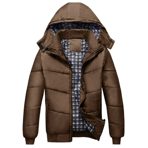 WRKEKC Men's Padded Hooded Jacket Lightweight Insulated Quilted Coat with Secure Pockets for Urban Winter Warmth and Casual Style Brown M