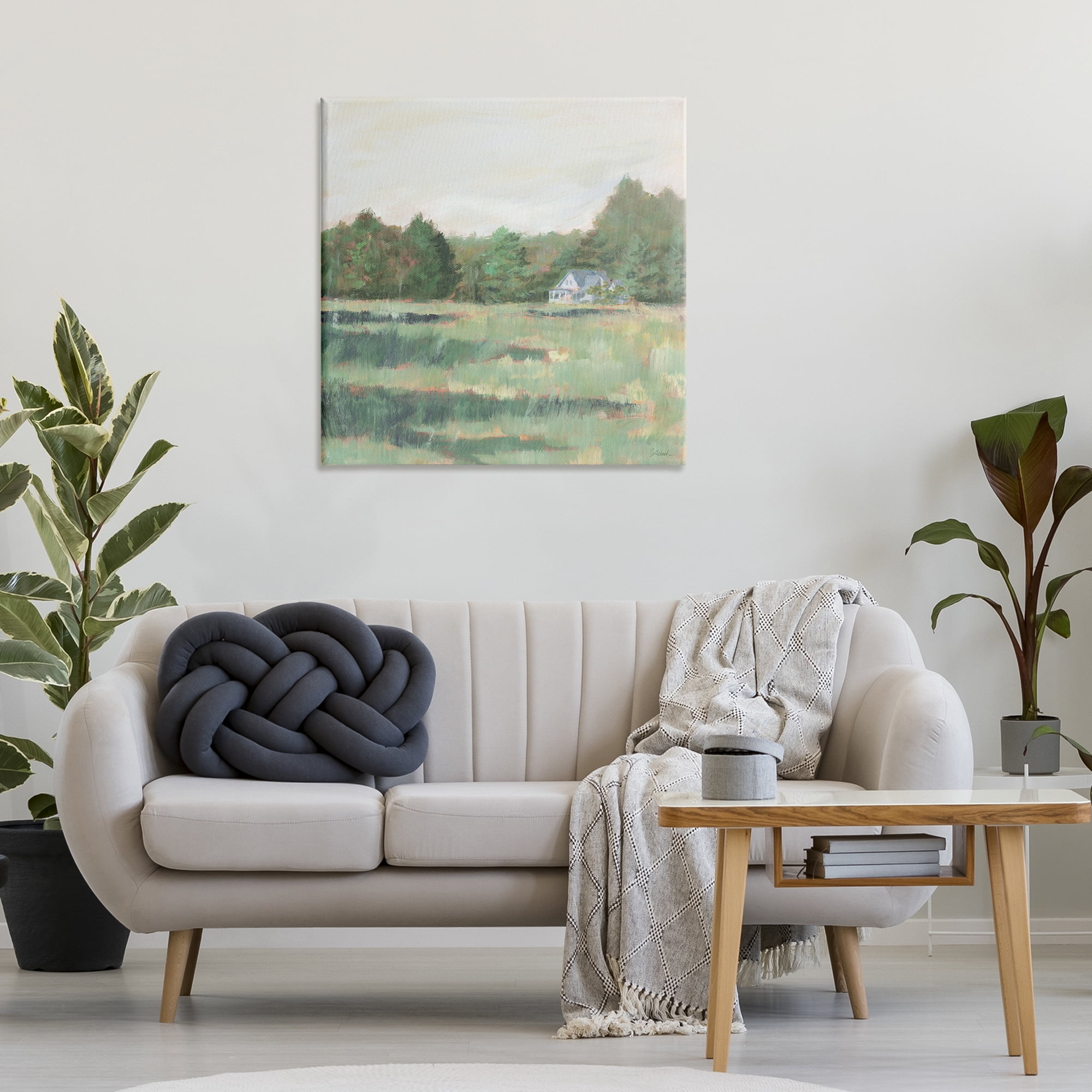 Stupell Industries Farmhouse Across Meadow Landscape Painting Gallery Wrapped Canvas Art Print Wall Art, 30 x 30