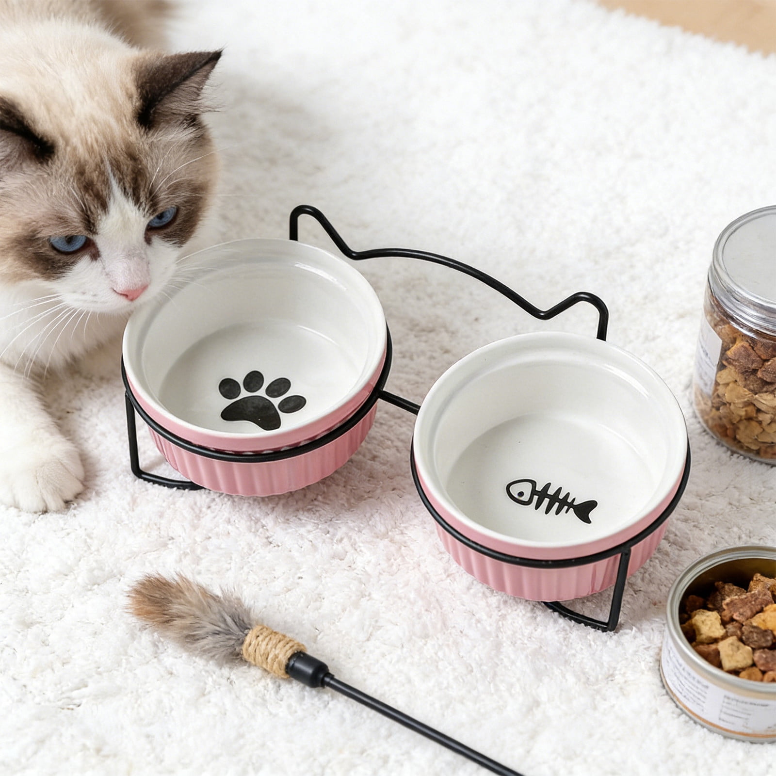 Cinvoph Ceramic Cat Bowls Non Tipping Stable Food Water Dishes Double Bowl Design for Dogs Cats Daily Feeding Drinking Easy to Clean