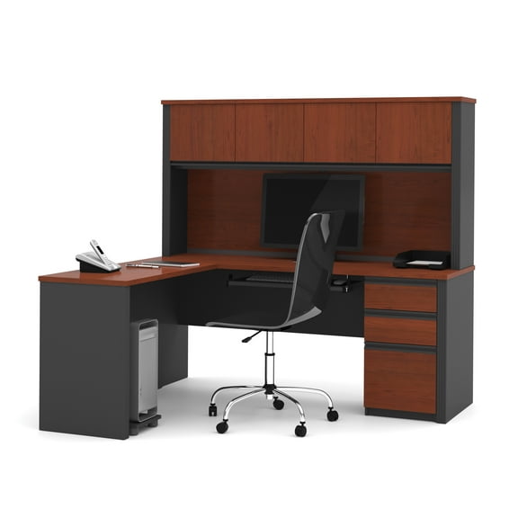 Prestige L-shaped workstation including one pedestal in Bordeaux & Graphite