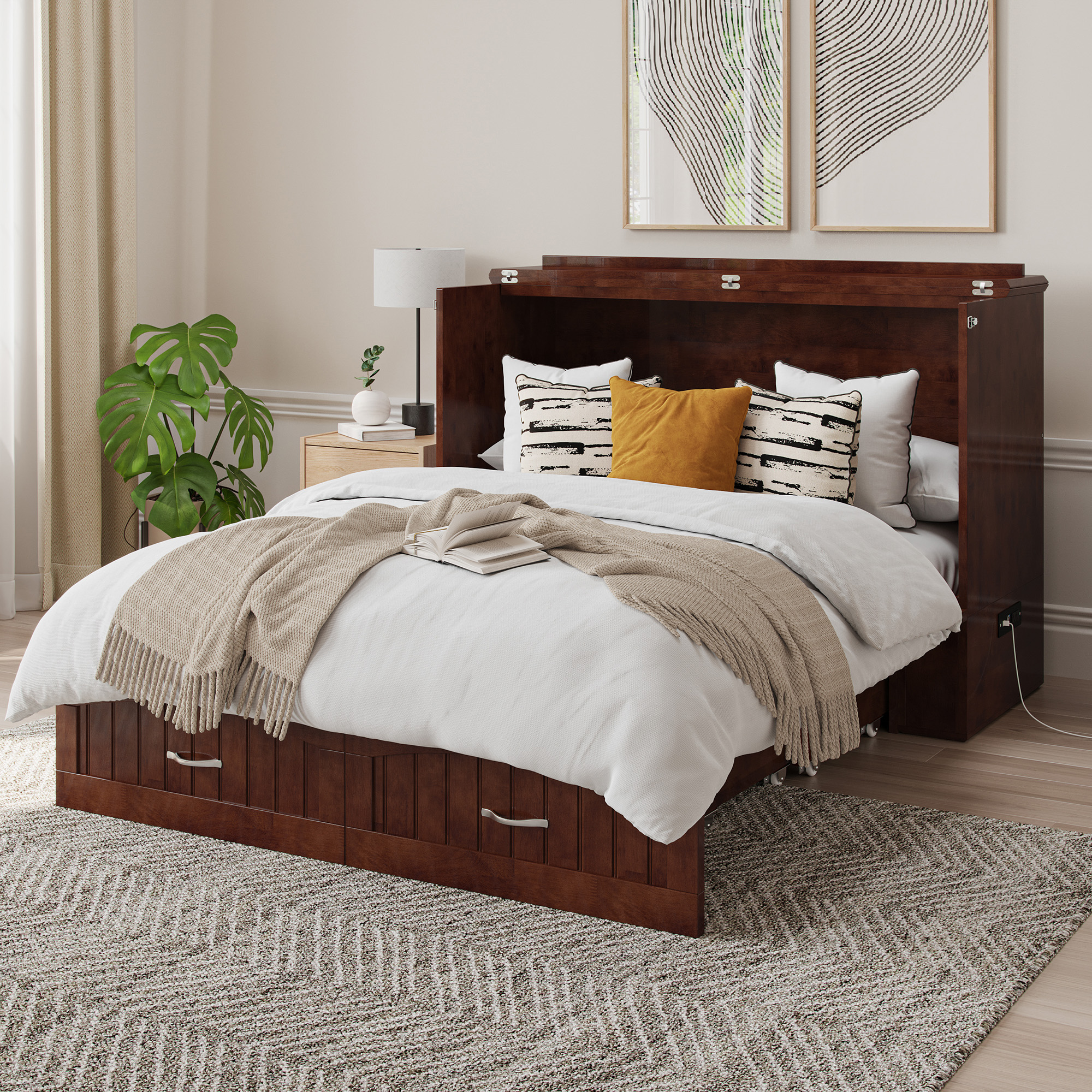 AFI Southampton Full Wood Murphy Bed Chest with Mattress, Drawer & Charger in Walnut