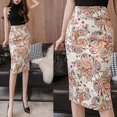 thumbnail image 5 of Midi Skirts for Women Retro Floral Pattern Casual Skirt Pencil Split Skirt Elastic Slim Fit High Waist Stretch Skirt（Beige,XL）, 5 of 8