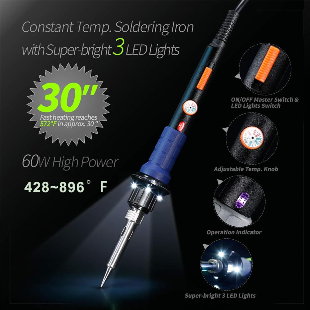 Treedix 60W 13 in 1 Soldering Iron Kit with with 3 LED Light Portable Soldering Gun Welding Tool 5 pcs Solder Tips for Metal,Jewelry,Electric Repair