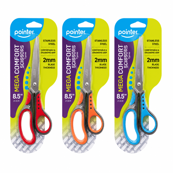 Pointer Mega Comfort Stainless Steel Scissors, 8.5", Multicolor, 3 Count, 3 Pack