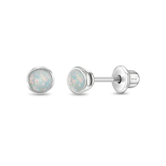 Bezel Opal Kids / Children's / Girls Earrings Screw Back - Sterling Silver
