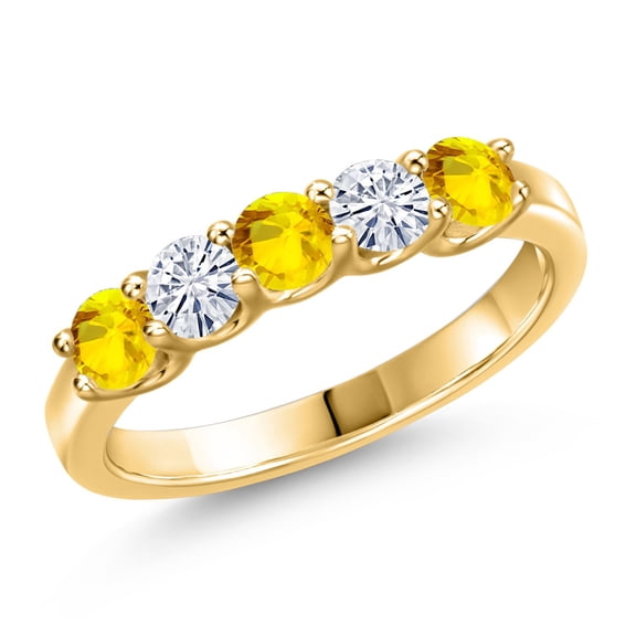 Gem Stone King 18K Yellow Gold Plated Silver Yellow Sapphire and White Moissanite Wedding-Bands Ring for Women | 0.80 Cttw | Round 3.5MM | Gemstone September Birthstone | Size 5
