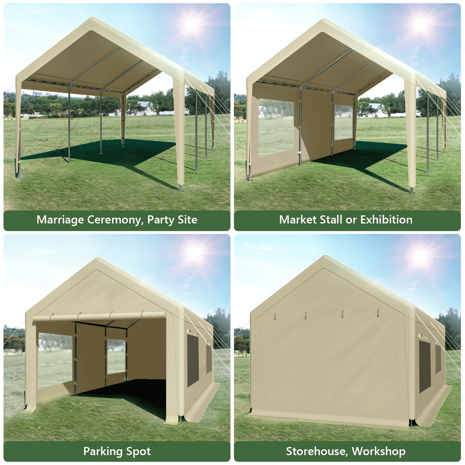 Gaptain W10xL20Ft Heavy Duty Steel Carport Portable Garage with Removable Sidewalls and Windows, Waterproof&Anti-Sunburn&Adjustable Height,Beige