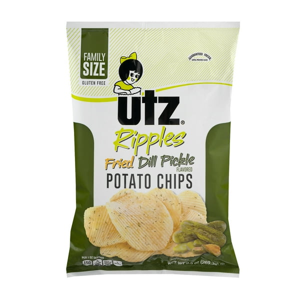 Utz Ripples Fried Dill Pickle Potato Chips Family Size, 9.5 Oz