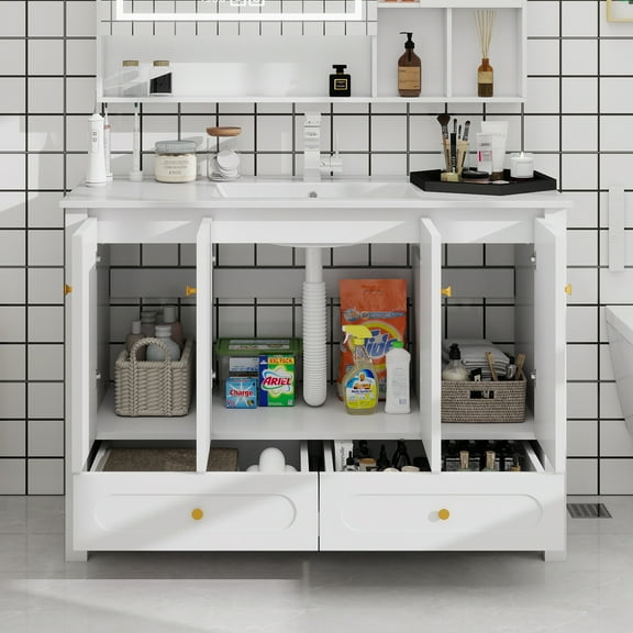 48" White Bathroom Vanity with Ceramic Sink Combo, Abundant Storage Cabinet -4 Soft close doors and 2 drawers